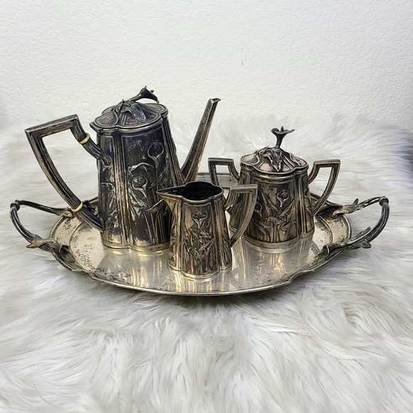 Antique Other - Antique Art Deco Silver Tea Set Calla Lilies Coffee Sugar Creamer Serving Tray